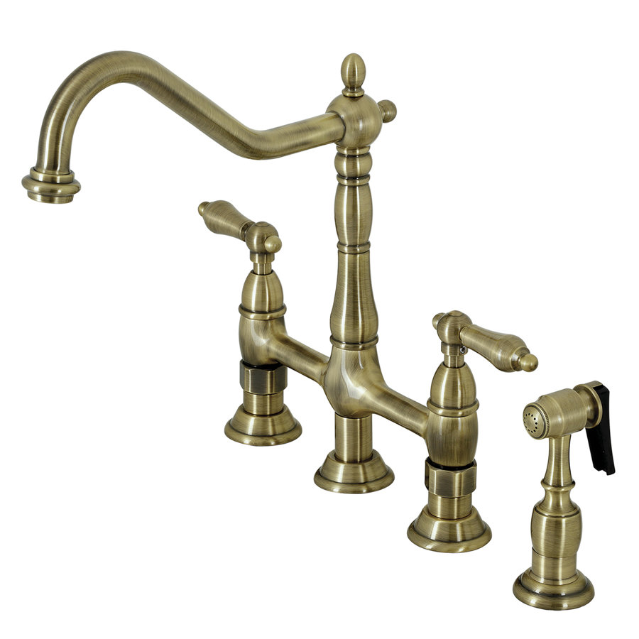 Kingston Brass Heritage Two-Handle 4-Hole Deck Mount Bridge Kitchen Faucet with Brass Side Sprayer